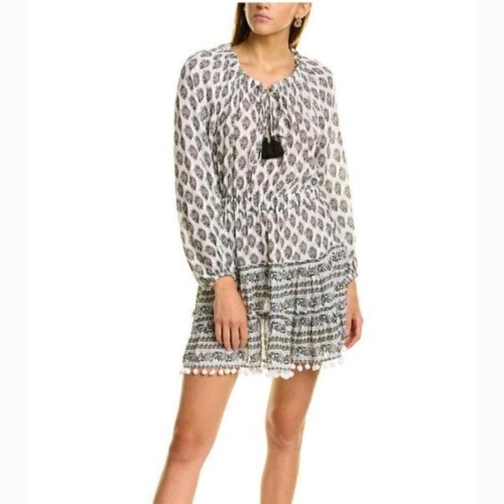Celina Moon Black/ White Pom Pom Trim Mini Dress NWT